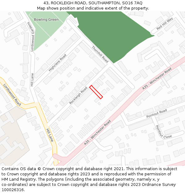 43, ROCKLEIGH ROAD, SOUTHAMPTON, SO16 7AQ: Location map and indicative extent of plot