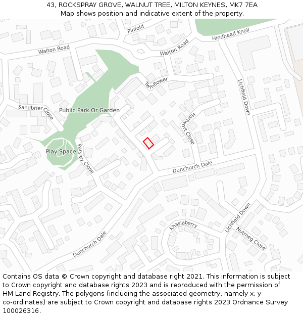 43, ROCKSPRAY GROVE, WALNUT TREE, MILTON KEYNES, MK7 7EA: Location map and indicative extent of plot