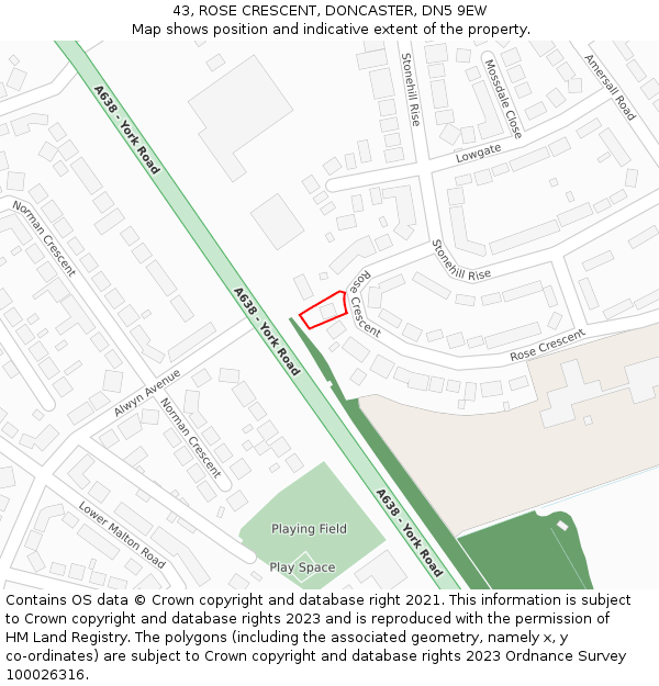 43, ROSE CRESCENT, DONCASTER, DN5 9EW: Location map and indicative extent of plot