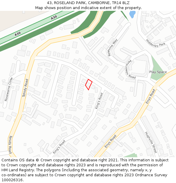 43, ROSELAND PARK, CAMBORNE, TR14 8LZ: Location map and indicative extent of plot
