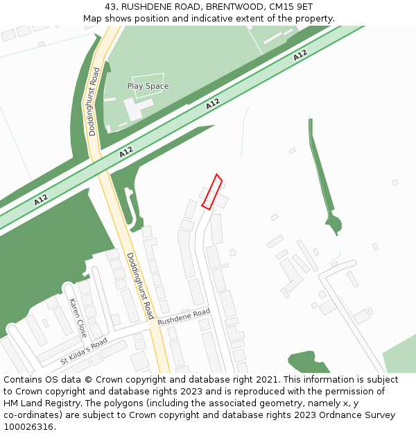 43, RUSHDENE ROAD, BRENTWOOD, CM15 9ET: Location map and indicative extent of plot