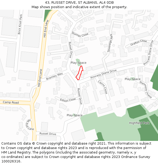 43, RUSSET DRIVE, ST ALBANS, AL4 0DB: Location map and indicative extent of plot
