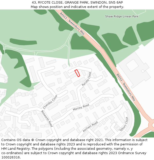 43, RYCOTE CLOSE, GRANGE PARK, SWINDON, SN5 6AP: Location map and indicative extent of plot