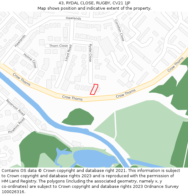 43, RYDAL CLOSE, RUGBY, CV21 1JP: Location map and indicative extent of plot