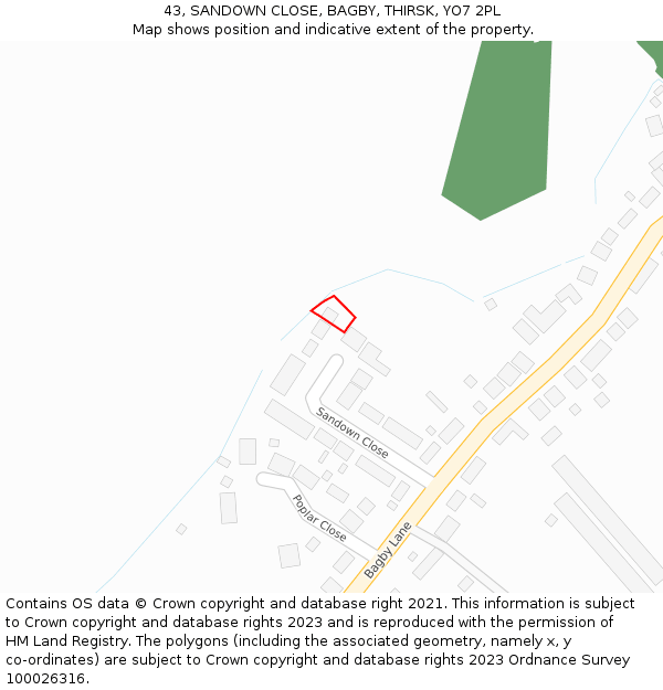 43, SANDOWN CLOSE, BAGBY, THIRSK, YO7 2PL: Location map and indicative extent of plot