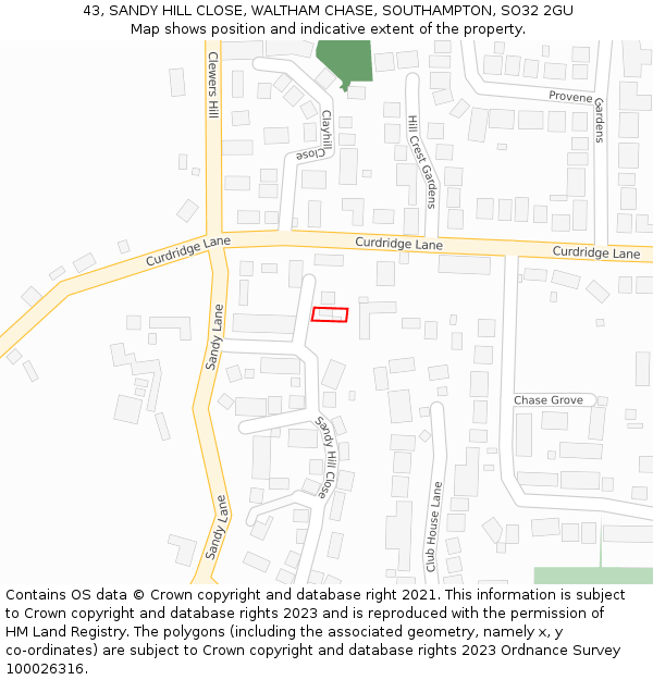 43, SANDY HILL CLOSE, WALTHAM CHASE, SOUTHAMPTON, SO32 2GU: Location map and indicative extent of plot