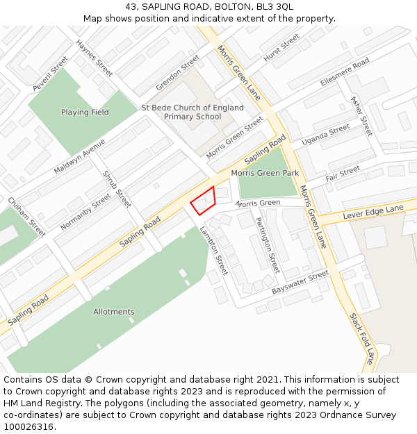43, SAPLING ROAD, BOLTON, BL3 3QL: Location map and indicative extent of plot