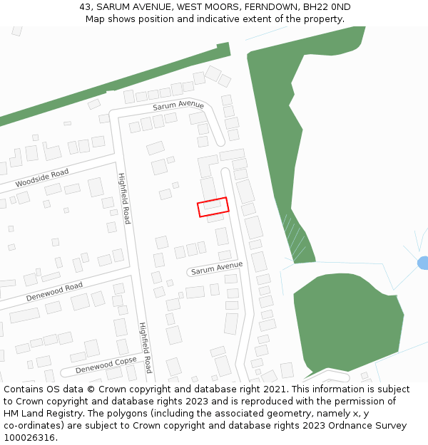 43, SARUM AVENUE, WEST MOORS, FERNDOWN, BH22 0ND: Location map and indicative extent of plot