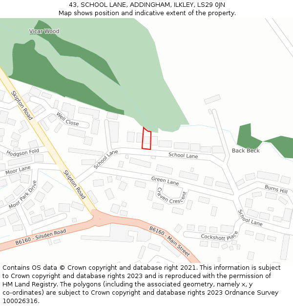 43, SCHOOL LANE, ADDINGHAM, ILKLEY, LS29 0JN: Location map and indicative extent of plot
