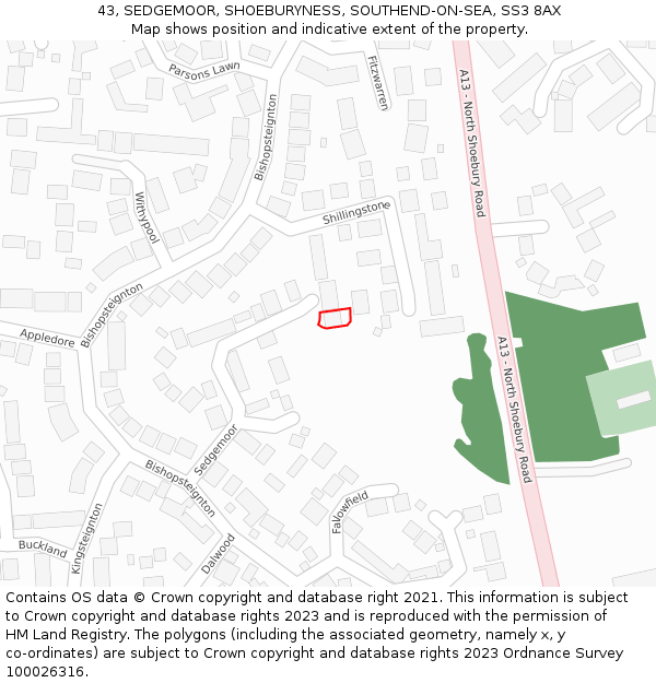 43, SEDGEMOOR, SHOEBURYNESS, SOUTHEND-ON-SEA, SS3 8AX: Location map and indicative extent of plot