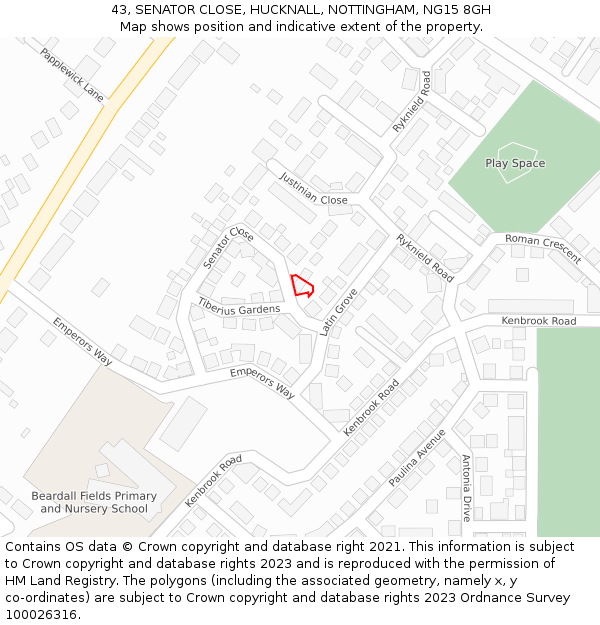 43, SENATOR CLOSE, HUCKNALL, NOTTINGHAM, NG15 8GH: Location map and indicative extent of plot