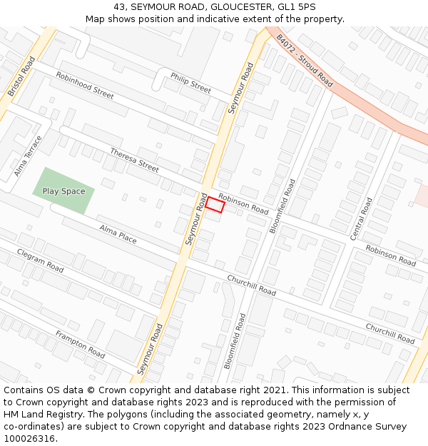 43, SEYMOUR ROAD, GLOUCESTER, GL1 5PS: Location map and indicative extent of plot