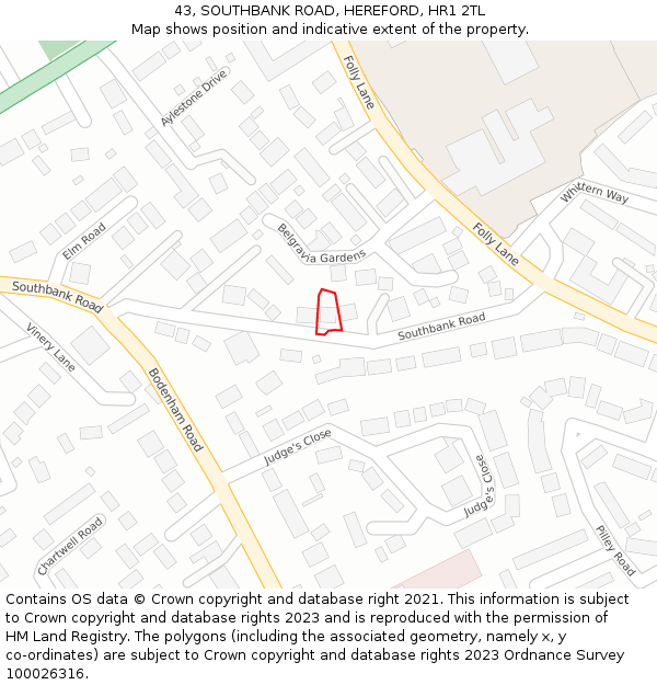 43, SOUTHBANK ROAD, HEREFORD, HR1 2TL: Location map and indicative extent of plot