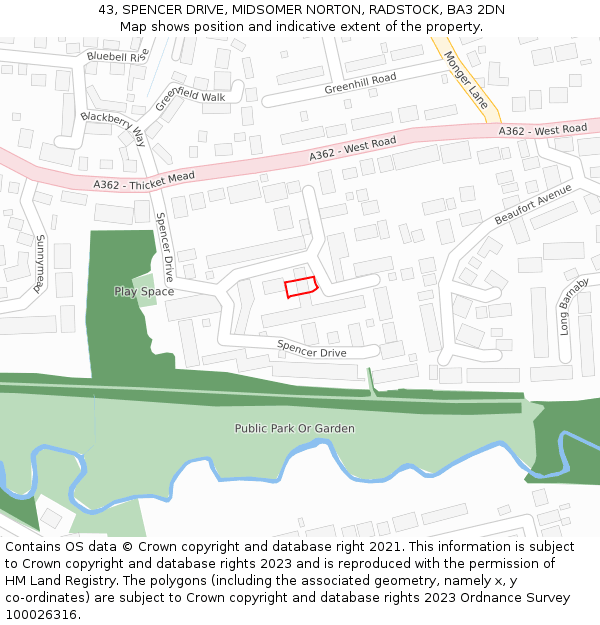 43, SPENCER DRIVE, MIDSOMER NORTON, RADSTOCK, BA3 2DN: Location map and indicative extent of plot