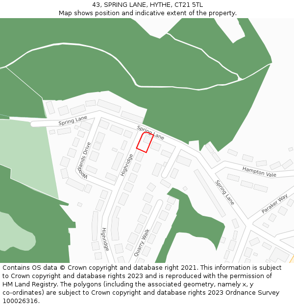 43, SPRING LANE, HYTHE, CT21 5TL: Location map and indicative extent of plot