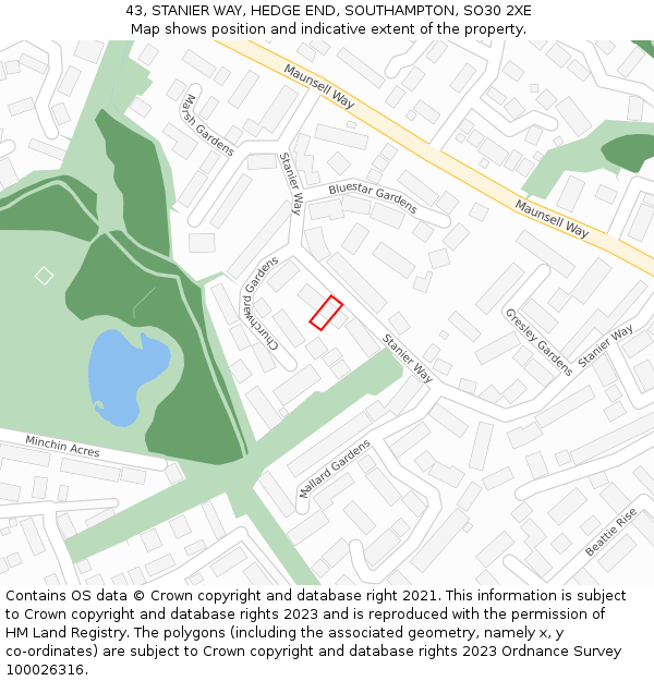 43, STANIER WAY, HEDGE END, SOUTHAMPTON, SO30 2XE: Location map and indicative extent of plot