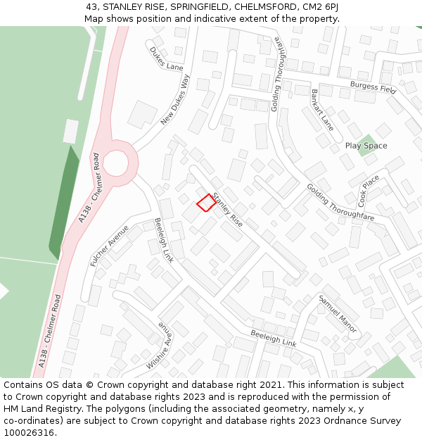 43, STANLEY RISE, SPRINGFIELD, CHELMSFORD, CM2 6PJ: Location map and indicative extent of plot