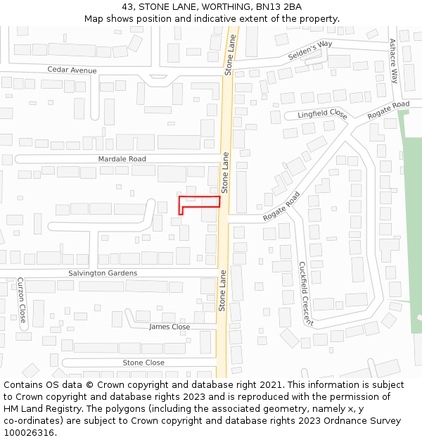 43, STONE LANE, WORTHING, BN13 2BA: Location map and indicative extent of plot