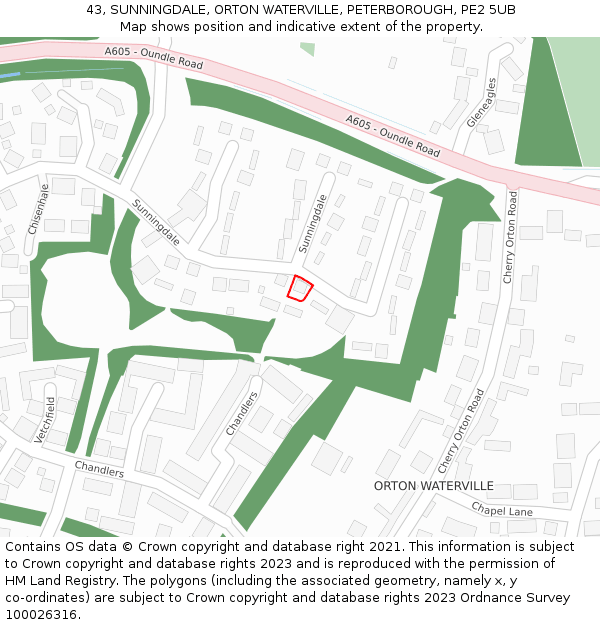 43, SUNNINGDALE, ORTON WATERVILLE, PETERBOROUGH, PE2 5UB: Location map and indicative extent of plot
