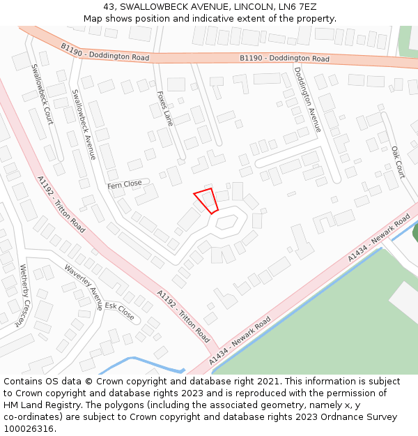 43, SWALLOWBECK AVENUE, LINCOLN, LN6 7EZ: Location map and indicative extent of plot