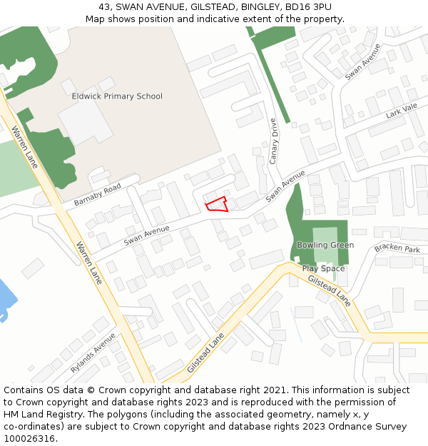 43, SWAN AVENUE, GILSTEAD, BINGLEY, BD16 3PU: Location map and indicative extent of plot