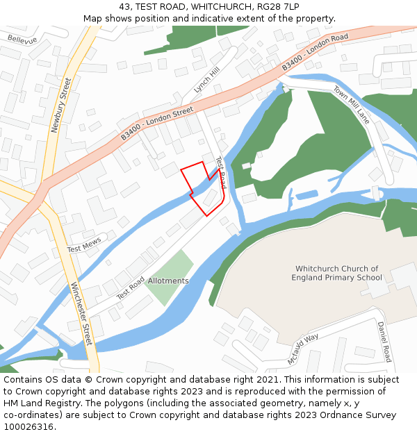 43, TEST ROAD, WHITCHURCH, RG28 7LP: Location map and indicative extent of plot