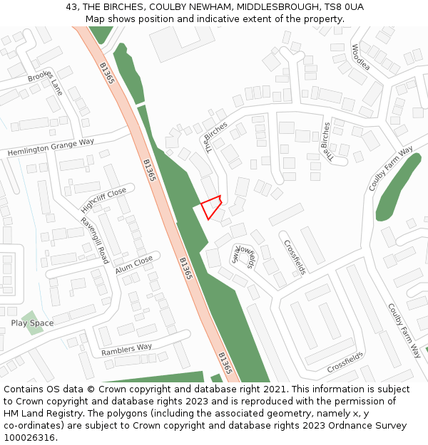43, THE BIRCHES, COULBY NEWHAM, MIDDLESBROUGH, TS8 0UA: Location map and indicative extent of plot