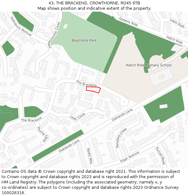 43, THE BRACKENS, CROWTHORNE, RG45 6TB: Location map and indicative extent of plot