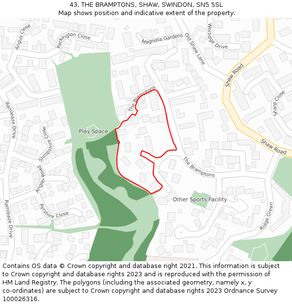 43, THE BRAMPTONS, SHAW, SWINDON, SN5 5SL: Location map and indicative extent of plot