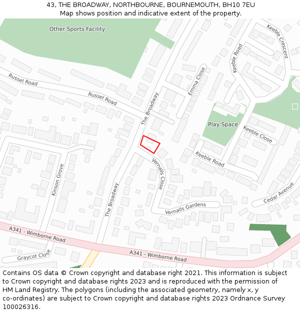 43, THE BROADWAY, NORTHBOURNE, BOURNEMOUTH, BH10 7EU: Location map and indicative extent of plot