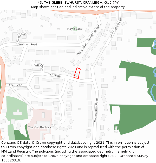 43, THE GLEBE, EWHURST, CRANLEIGH, GU6 7PY: Location map and indicative extent of plot