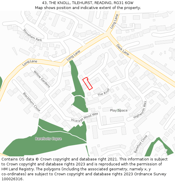 43, THE KNOLL, TILEHURST, READING, RG31 6GW: Location map and indicative extent of plot