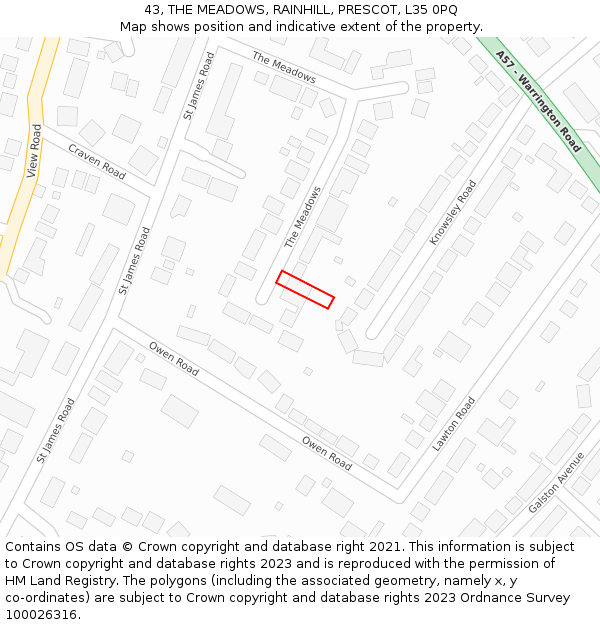 43, THE MEADOWS, RAINHILL, PRESCOT, L35 0PQ: Location map and indicative extent of plot
