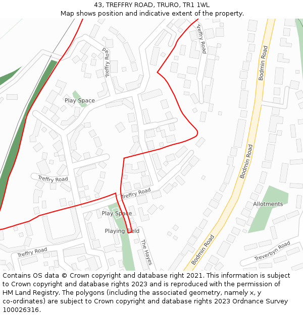 43, TREFFRY ROAD, TRURO, TR1 1WL: Location map and indicative extent of plot