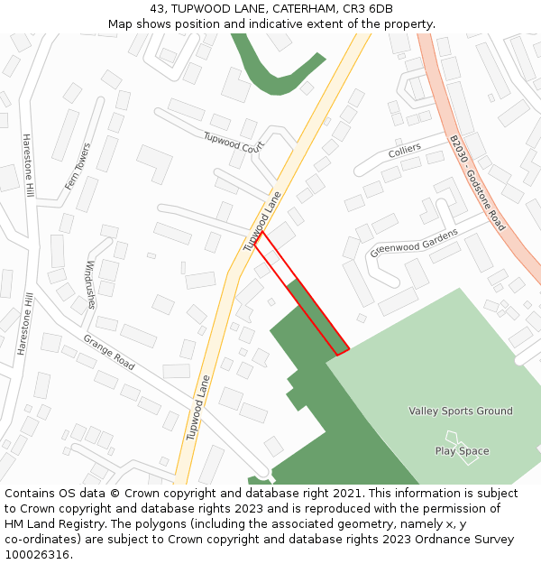 43, TUPWOOD LANE, CATERHAM, CR3 6DB: Location map and indicative extent of plot