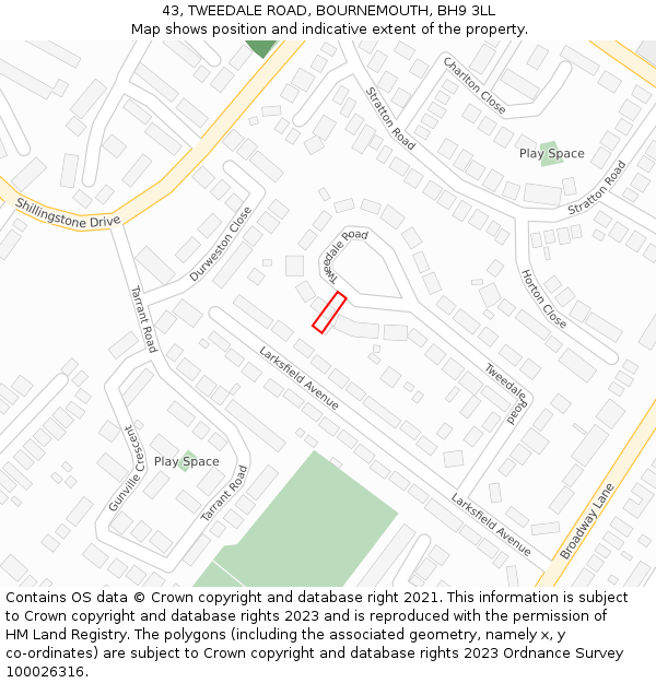 43, TWEEDALE ROAD, BOURNEMOUTH, BH9 3LL: Location map and indicative extent of plot