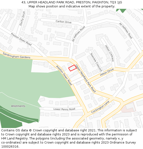 43, UPPER HEADLAND PARK ROAD, PRESTON, PAIGNTON, TQ3 1JG: Location map and indicative extent of plot