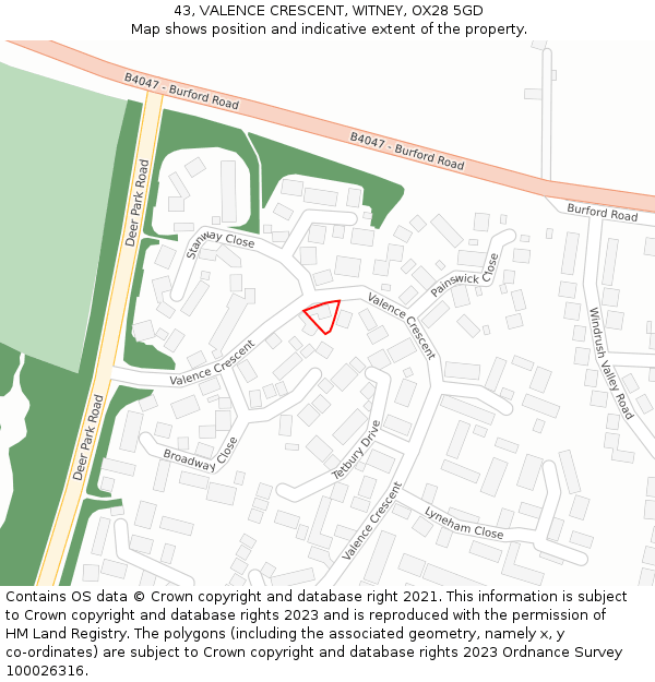 43, VALENCE CRESCENT, WITNEY, OX28 5GD: Location map and indicative extent of plot