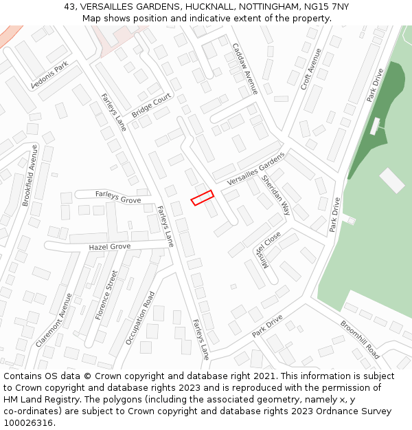 43, VERSAILLES GARDENS, HUCKNALL, NOTTINGHAM, NG15 7NY: Location map and indicative extent of plot
