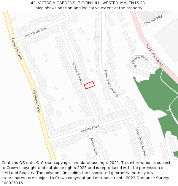 43, VICTORIA GARDENS, BIGGIN HILL, WESTERHAM, TN16 3DL: Location map and indicative extent of plot