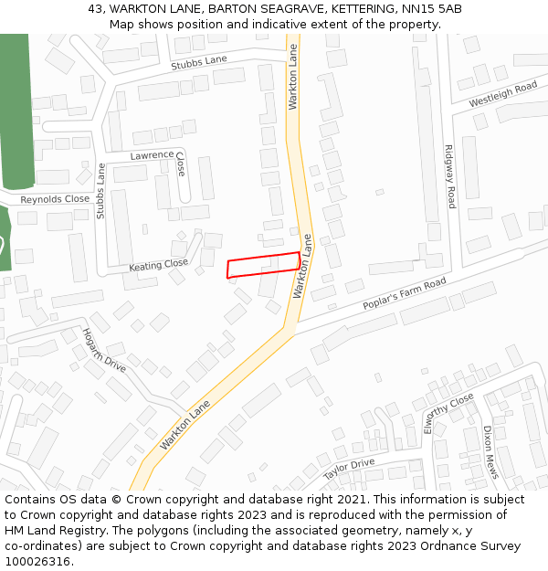 43, WARKTON LANE, BARTON SEAGRAVE, KETTERING, NN15 5AB: Location map and indicative extent of plot