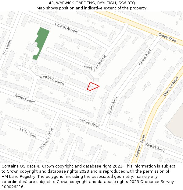 43, WARWICK GARDENS, RAYLEIGH, SS6 8TQ: Location map and indicative extent of plot
