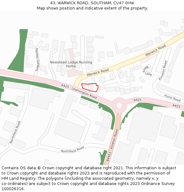 43, WARWICK ROAD, SOUTHAM, CV47 0HW: Location map and indicative extent of plot