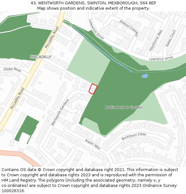 43, WENTWORTH GARDENS, SWINTON, MEXBOROUGH, S64 8EP: Location map and indicative extent of plot