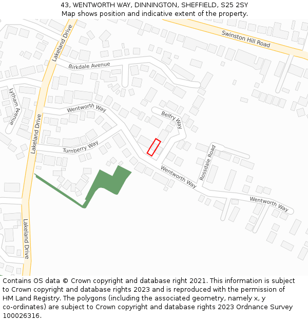 43, WENTWORTH WAY, DINNINGTON, SHEFFIELD, S25 2SY: Location map and indicative extent of plot