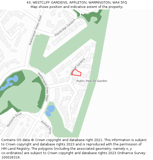 43, WESTCLIFF GARDENS, APPLETON, WARRINGTON, WA4 5FQ: Location map and indicative extent of plot