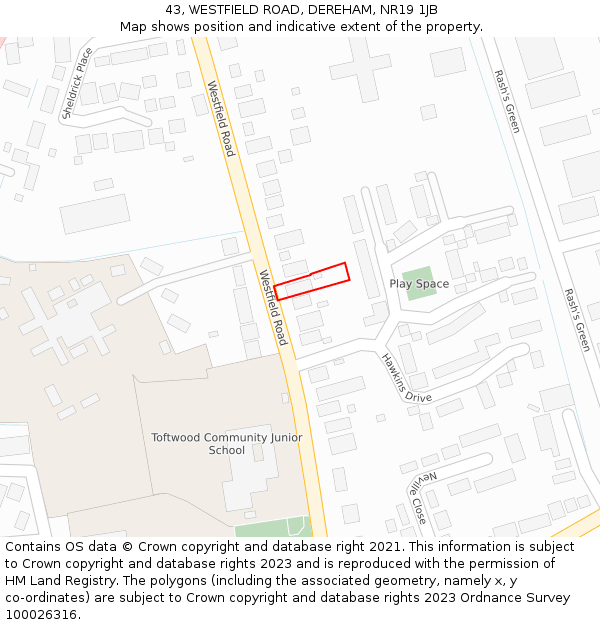 43, WESTFIELD ROAD, DEREHAM, NR19 1JB: Location map and indicative extent of plot