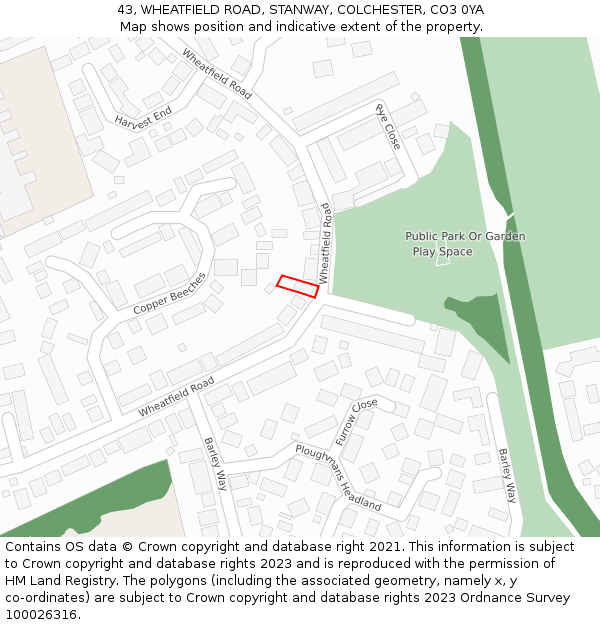 43, WHEATFIELD ROAD, STANWAY, COLCHESTER, CO3 0YA: Location map and indicative extent of plot