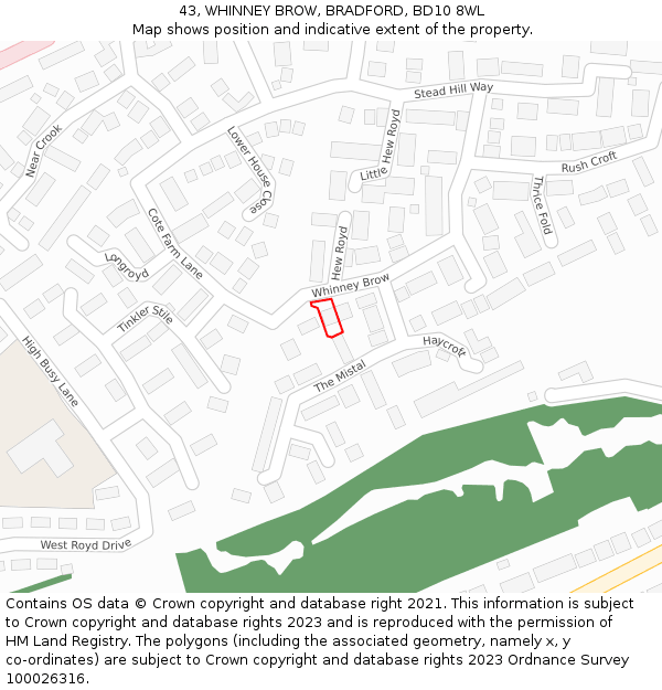 43, WHINNEY BROW, BRADFORD, BD10 8WL: Location map and indicative extent of plot
