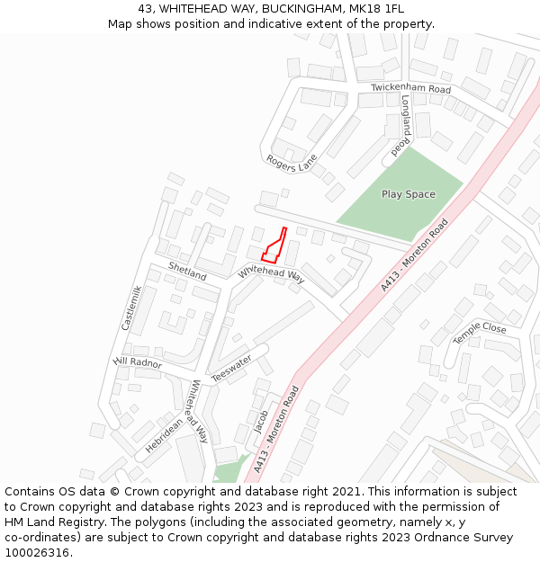 43, WHITEHEAD WAY, BUCKINGHAM, MK18 1FL: Location map and indicative extent of plot